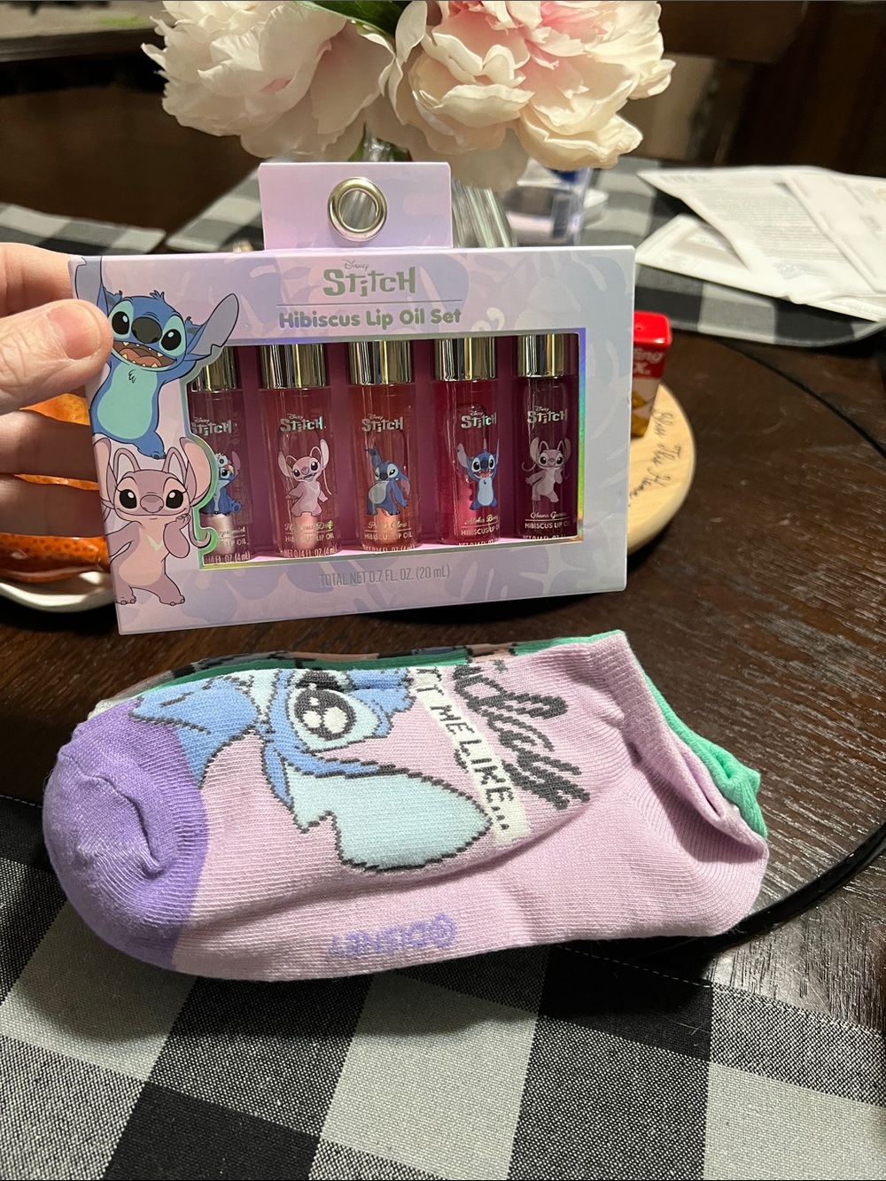 NEW DISNEY STITCH BUNDLE Hibiscus Lip Oil Set AND 5 pair socks